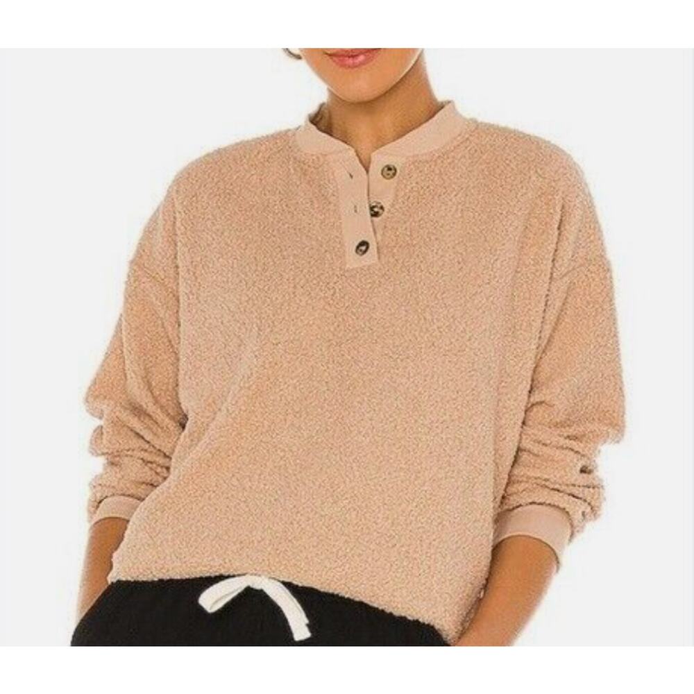 Donni Women's Mini Sherpa Henley Camel Tan Long Sleeve Shirt S Small
